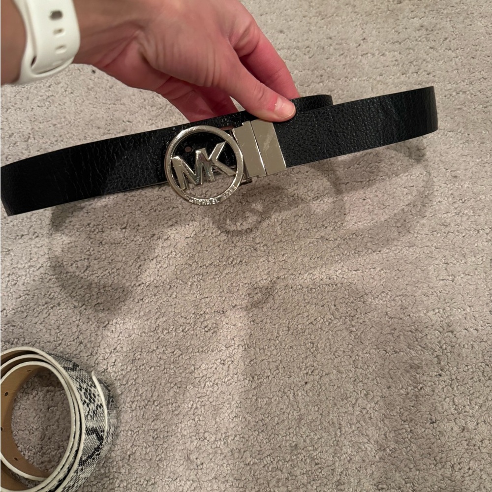 Michael Kors Black Leather Belt with Silver MK Logo Buckle